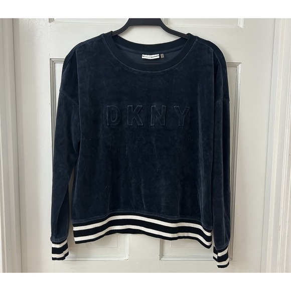 Y2K DKNY SPORT Blue Velour Logo Old Money Casual Crewneck Sweatshirt Top M/L? - Picture 1 of 3